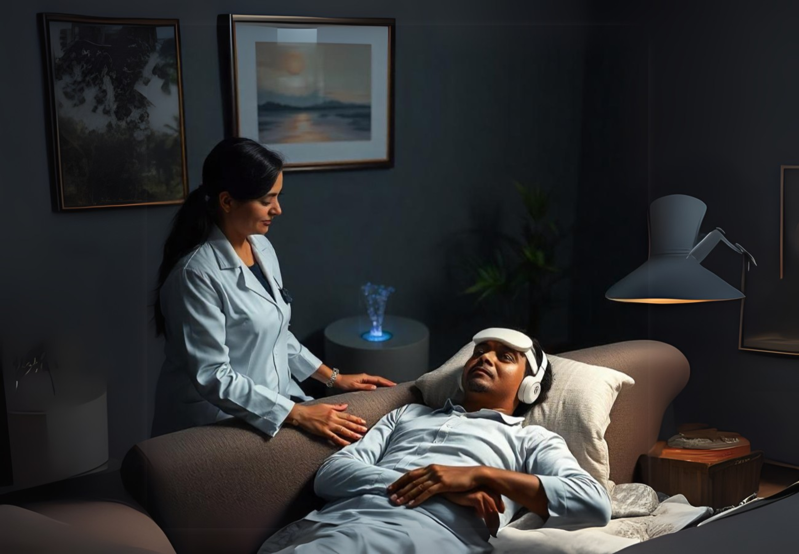 Man receiving ketamine-assisted sleep therapy with a headset, monitored by a doctor in a modern wellness clinic.