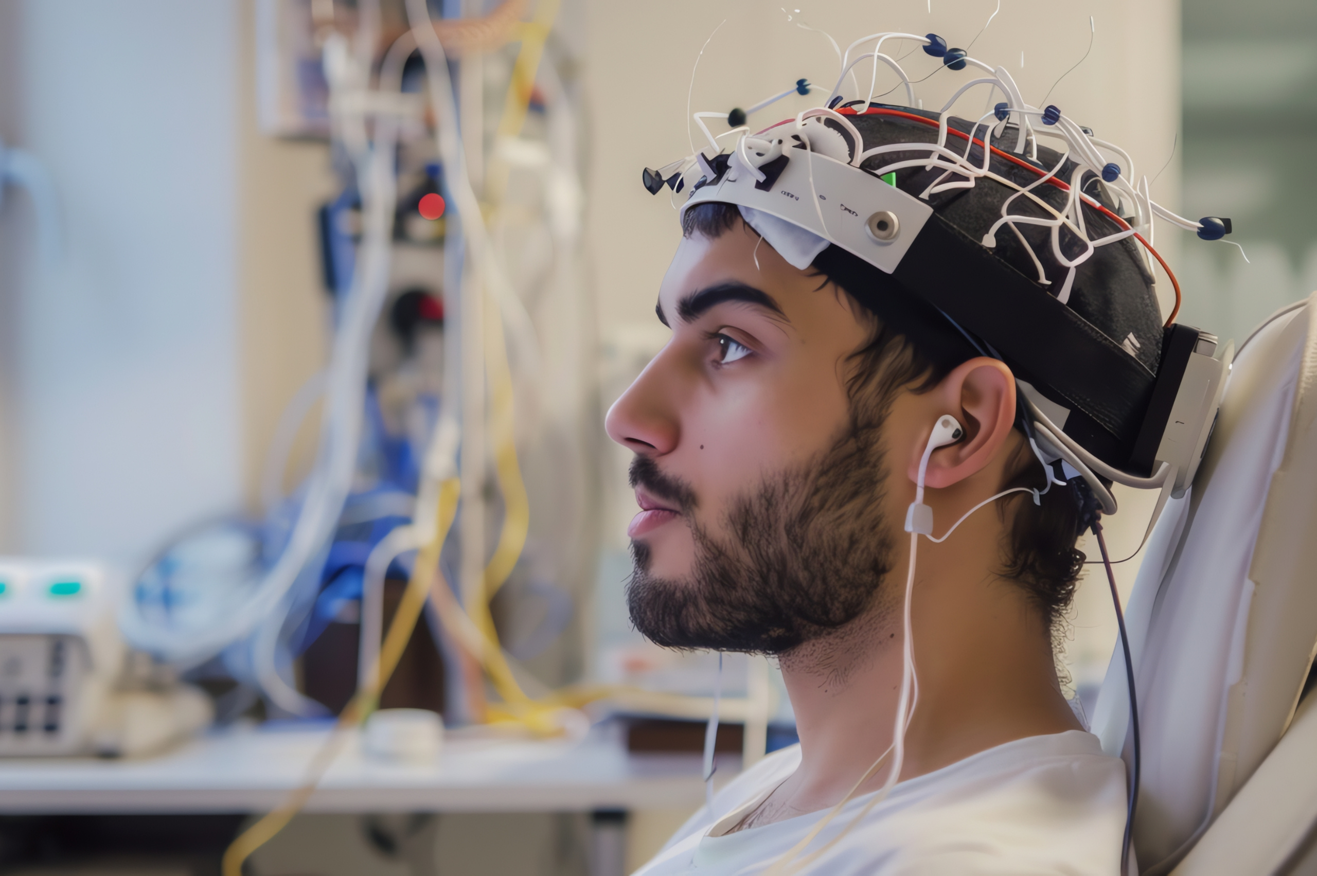 Man wearing a QEEG headset during a neurofeedback session, using brainwave monitoring technology for cognitive training and mental health improvement. | Neurofeedback and QEEG | Mind Brain Institute
