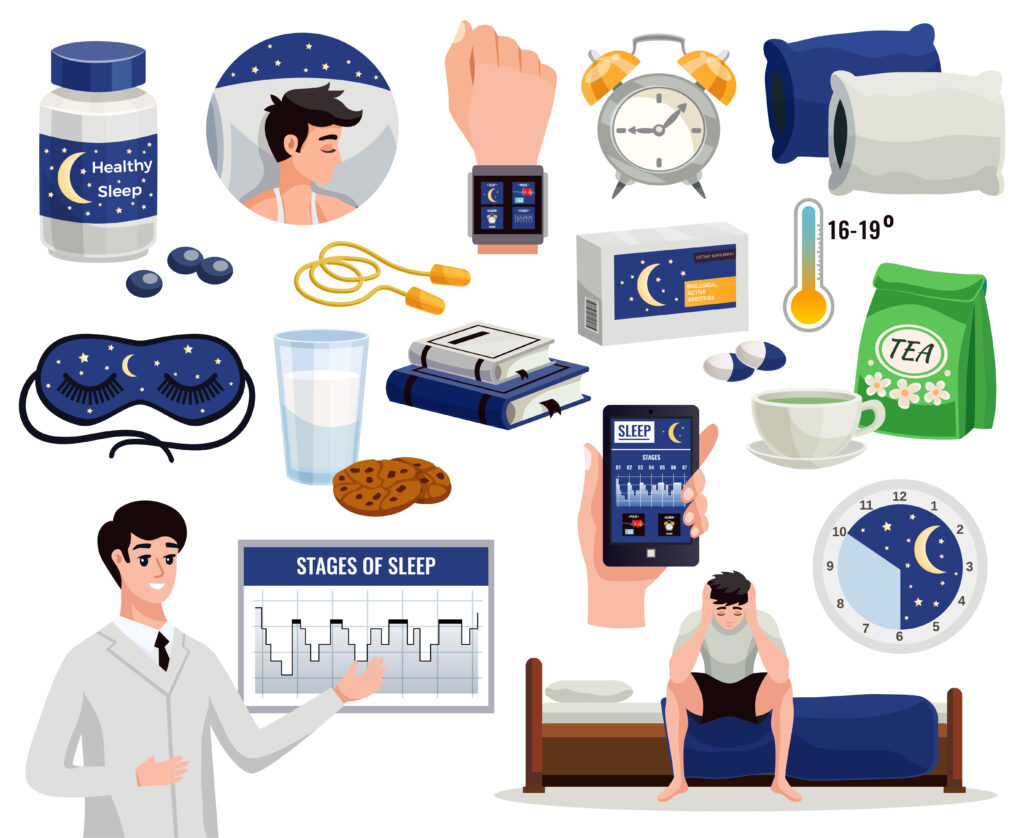 Number of icons can be seen here like a person sleeping, doctor showing stages of sleep, a person sitting holding his head, a green tea bag, milk and cookies and some other icons symbolising things which are important for good sleep hygiene