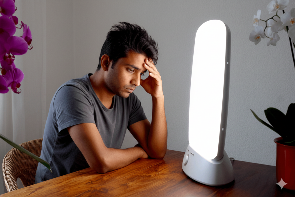 A young man canb be seen sitting alone while hoding his head from one of his hand in a deep thinking or self analysis way 