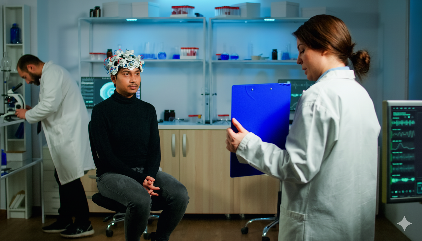 A person can be seen sitting in a chair with something attached to his brain while a doctor is seen taking notes and another doctor can be seen in the background checking some medications