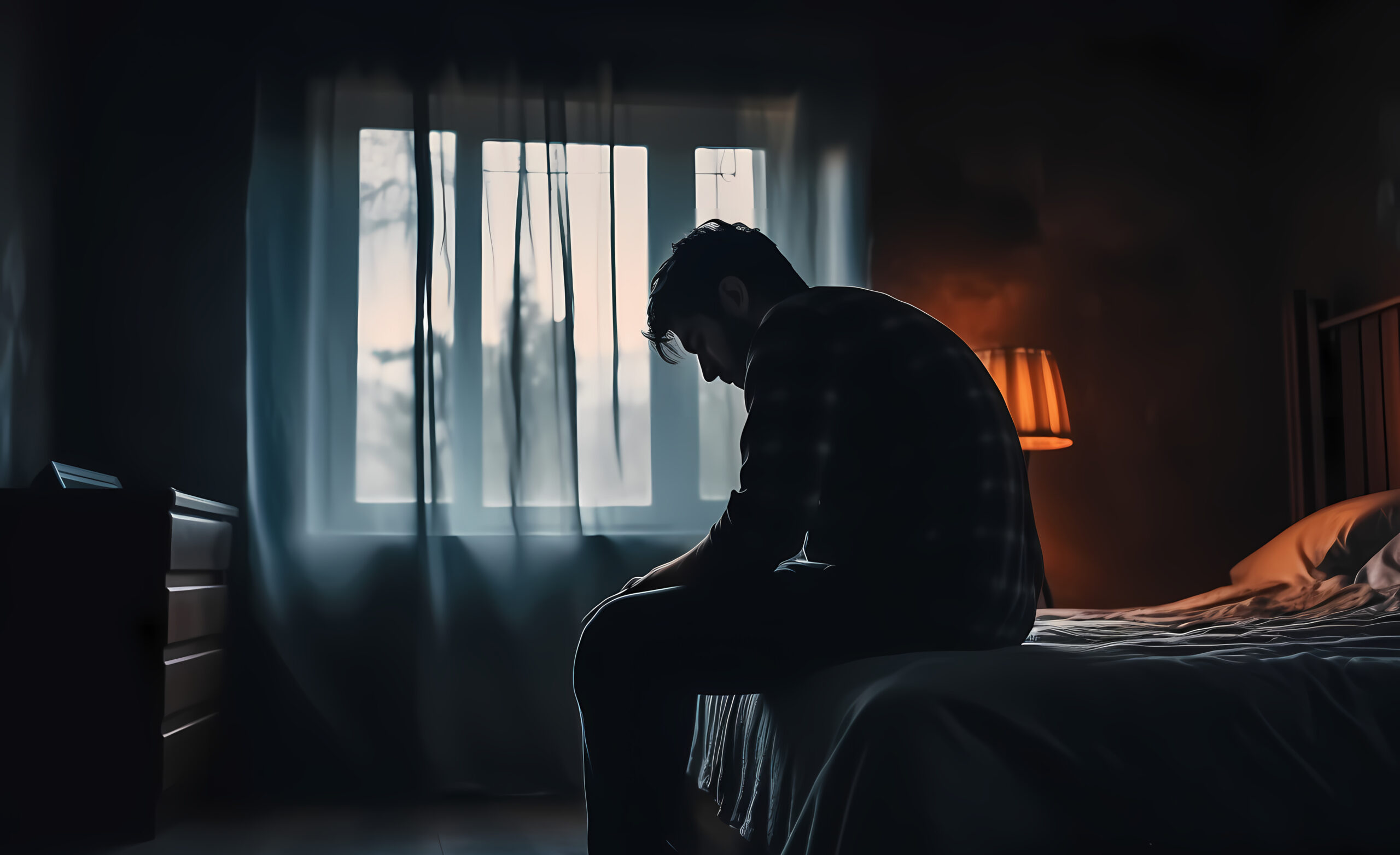 A man can be seen on a bed in a dark room with a window in the background with the overall setting of the room can be called as depressing
