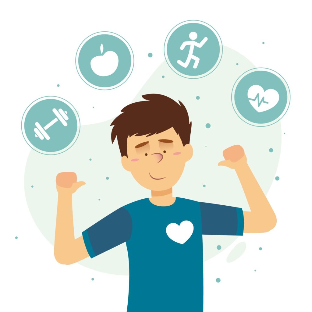 Cartoon image of a boy displaying a champion style pose with few orbs with some symbols can be seen on top of his head