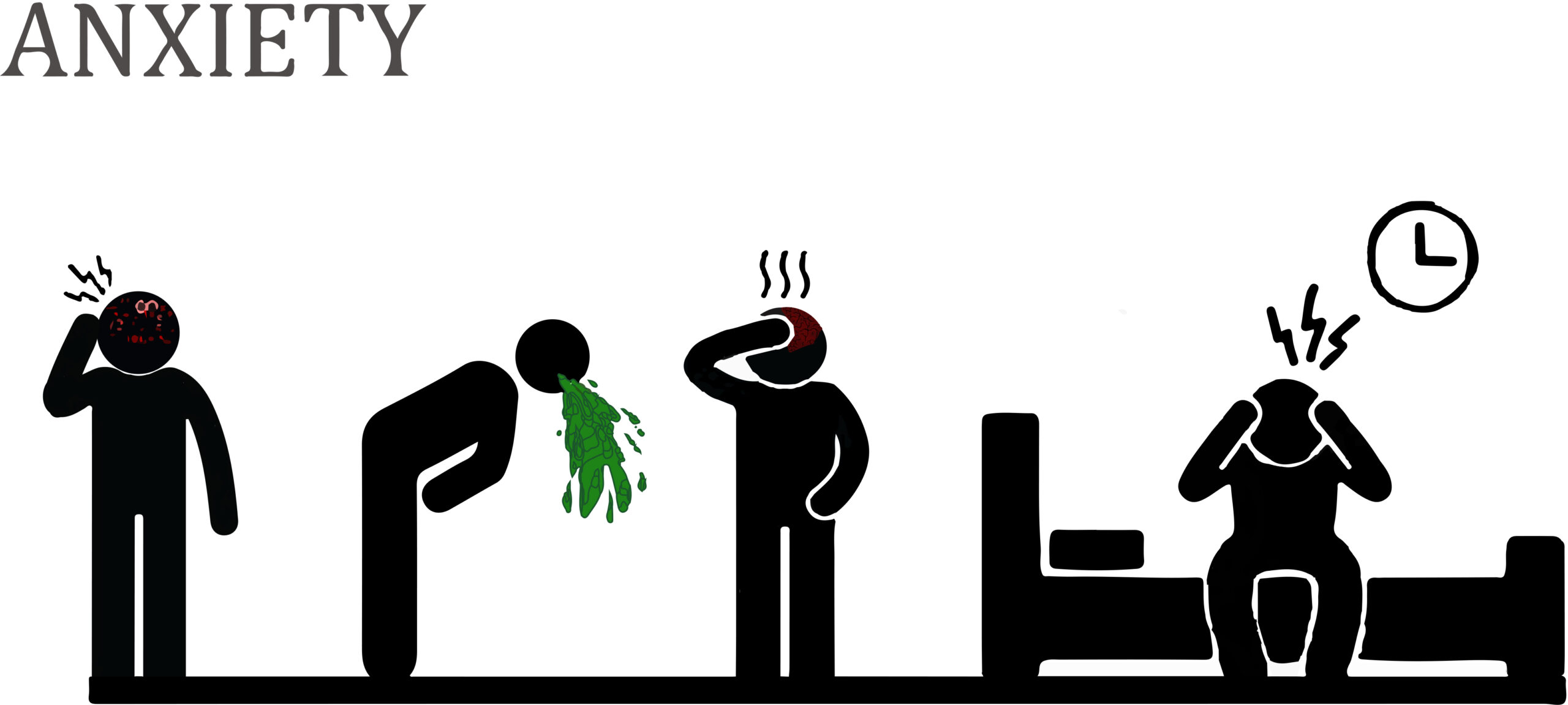 animated images of 4 men can be seen each in different state with first one having headache, second one is throwing out, third one seems to have anxiety and fourth one seems to be sitting on a bed and holding his head