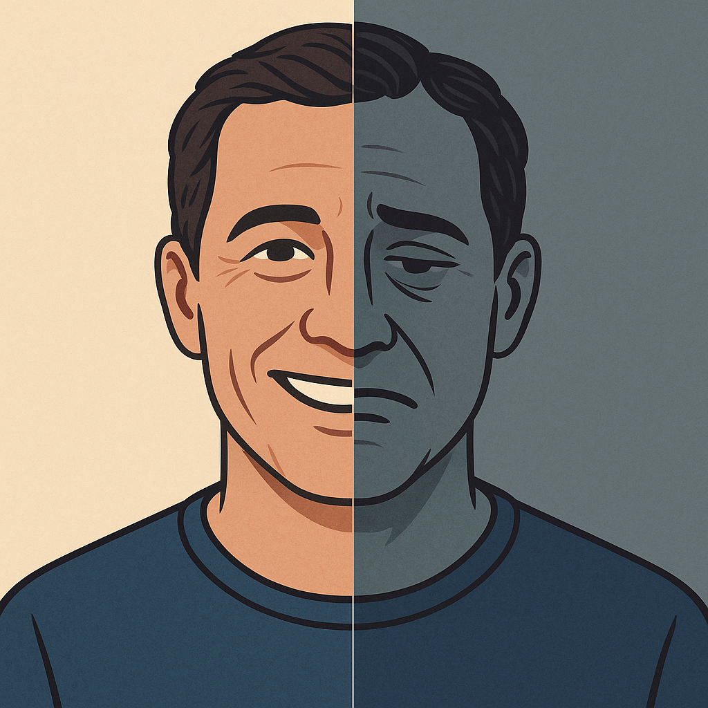 Ghibli style image of a man can be seen with one side of his face in dark shade and seemingly sad while another side of his face which is in light appears to be ecstatic