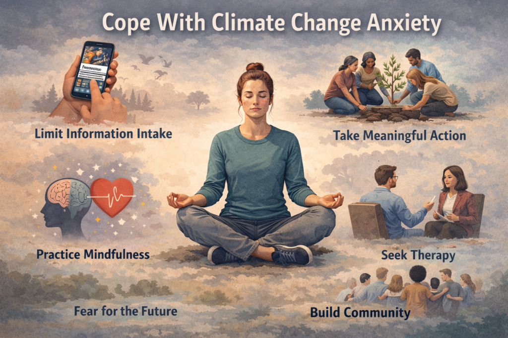 A woman can be seen meditating with some smaller images can be seen all around her such as two hands can be seen scrolling a smartphone, a woman taking a therapy session from a man, four people can be seen planting a sapling, a man's brain being highlighted and a group of people can be seen enjoying some community bonding time