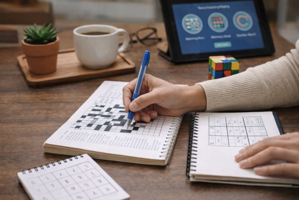 A pair of hands can be seen solving a crossword puzzle on a magazine with a pen and a notebook with rough work can seen just beside it along with a cup of coffee and a tiny plant pot, a little calendar and a laptop screen, all of which are at a wooden table
