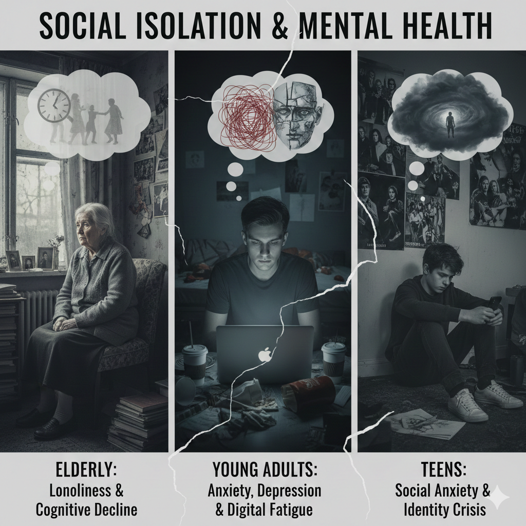 Animated image of an old woman sitting alone and thinking about her younger days, a young man working on his laptop and thinking weird stuff and another young man sitting on a floor looking depressed