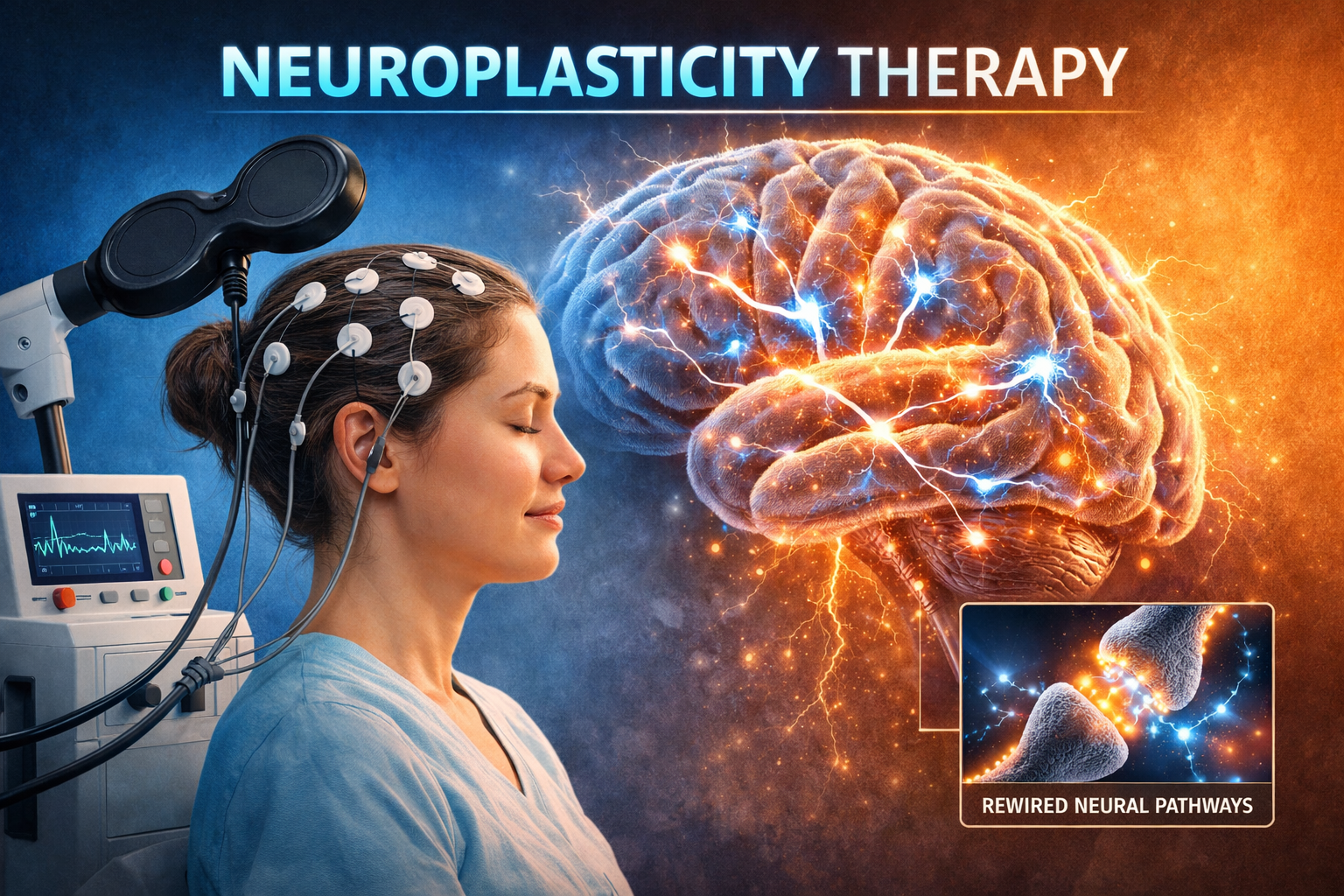 A woman with several nodes attached to her head which seem like brain monitoring device and a large brain simulation can be seen in the background