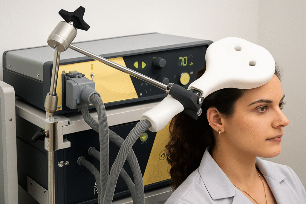 Image of a woman wearing some form of medical head gear