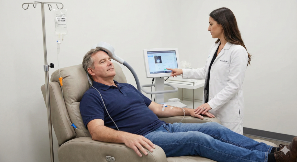 A man can be seen lying on a table with some machines attached to his head and a female doctor can be seen standing beside him and monitoring something on a monitor which is connnected to the man's head