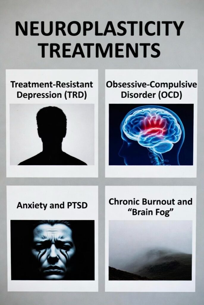 Treatment resistant depression (TRD), obsessive-compulsive disorder (OCD), anxiety and PTSD and Chronic burnout and brain fog, all these medical phenomenons are displayed here with pictoral representation