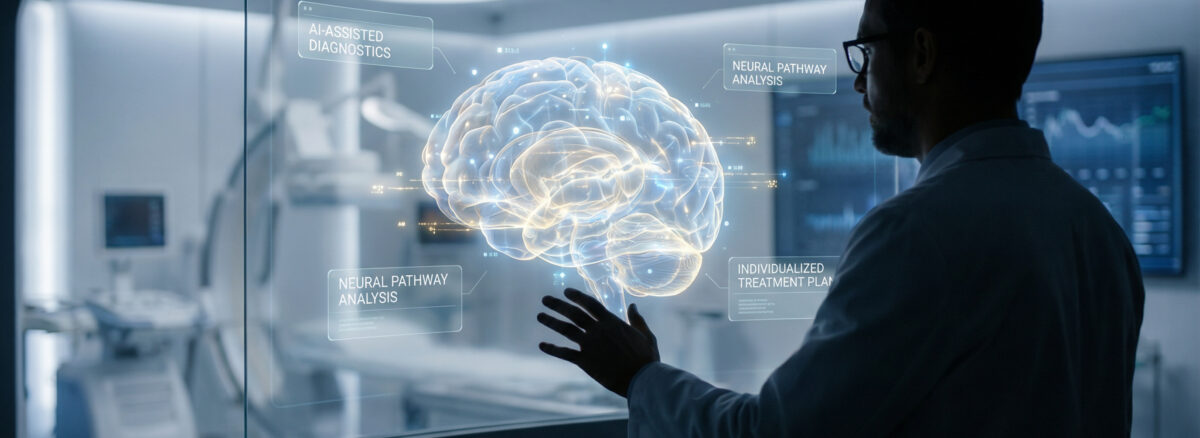 A man can be seen looking at a simulated brain with several points highlighting various zones in the brain behind a medical lab