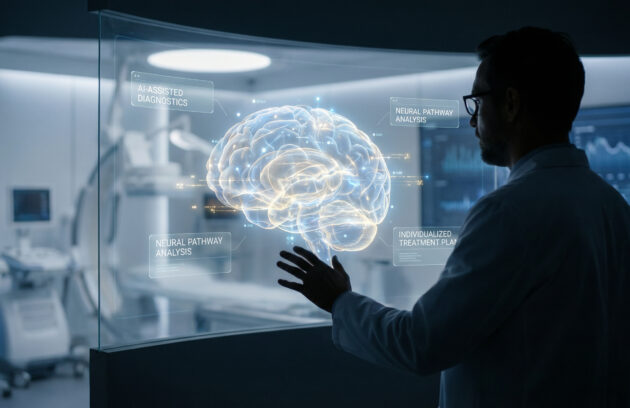 A man can be seen looking at a simulated brain with several points highlighting various zones in the brain behind a medical lab