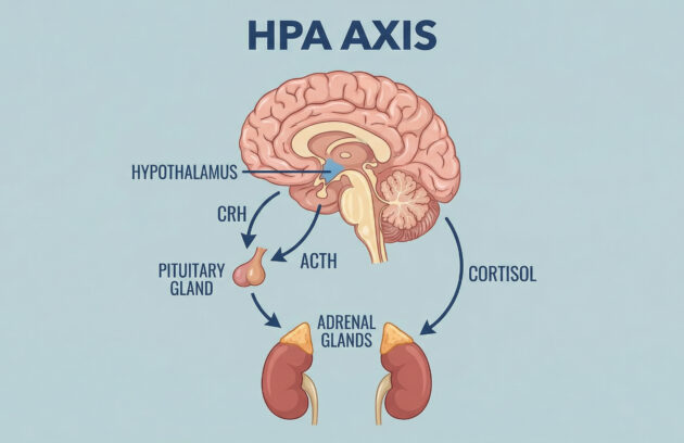An image of a brain with several regions being specifially pointed out for the viewers to identify. A text of HPA Axis can be seen on the top of the image