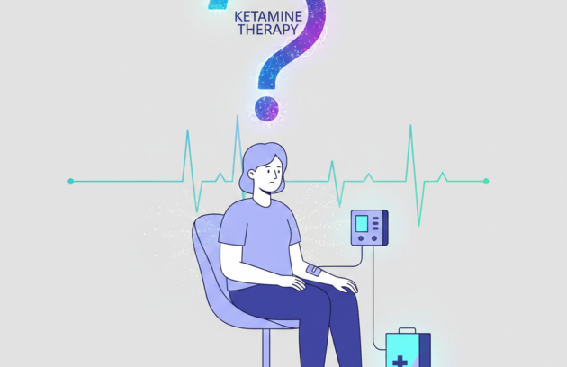 Illustrative representation of a woman sitting on a chair and a machine is attached to one of her hands and plugged into another machine one on the ground and another which seems to be on a socket with the words ketamine therapy being visible above her head