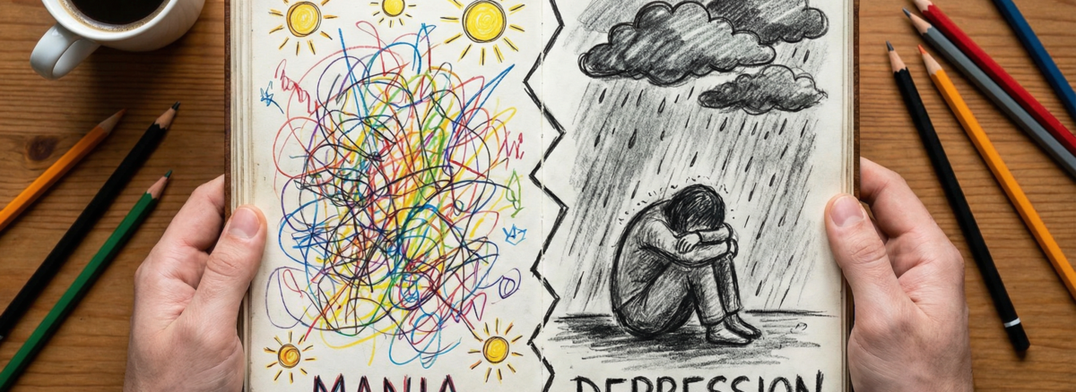 Illustrative representation of a bipolar disorder with mania and depression shown on a single sheet of paper with illustrative images