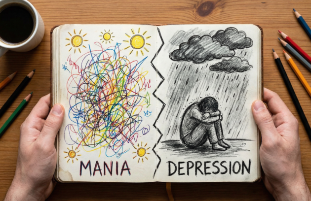 Illustrative representation of a bipolar disorder with mania and depression shown on a single sheet of paper with illustrative images