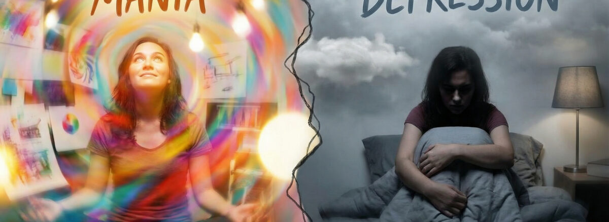 Illustrative representation of mania and depression mood swings in a woman with two parallel images depicting both