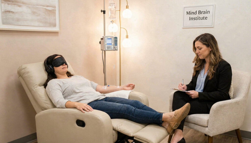 aking ketamine therapy while another woman that appears to be her doctor can be seen sitting in front of her and taking notes