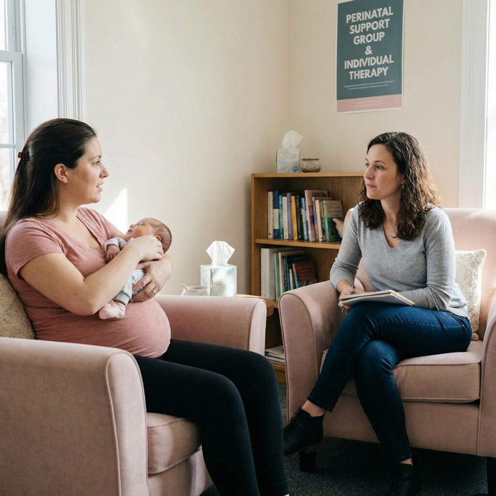 A young mother can be seen holding her baby and sitting on a sofa across another woman who is talking to her and is holding some reports in her hands