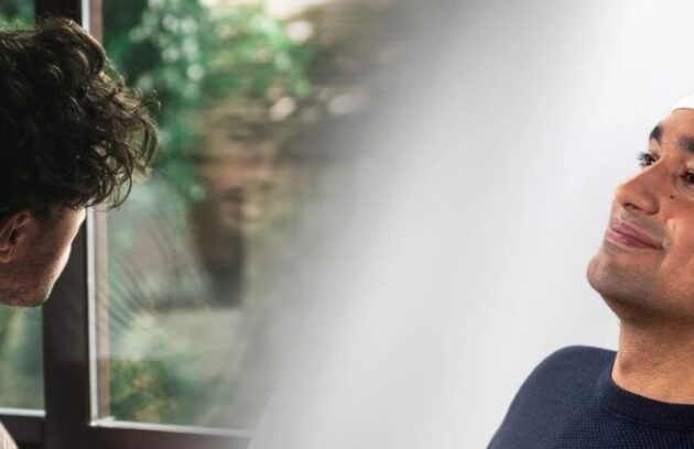 Image is split between two men while one of the man can be seen looking out the window while another one can be seen sitting on a medical chair with a headgear attached to him and seemingly happy