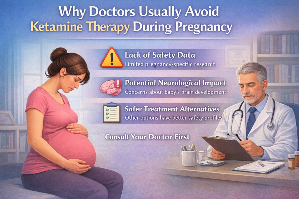 A pregnant woman can be seen sitting in front of a doctor and three points can be seen which are lack of safety data, potential neurological impact and safer treatment alternatives.