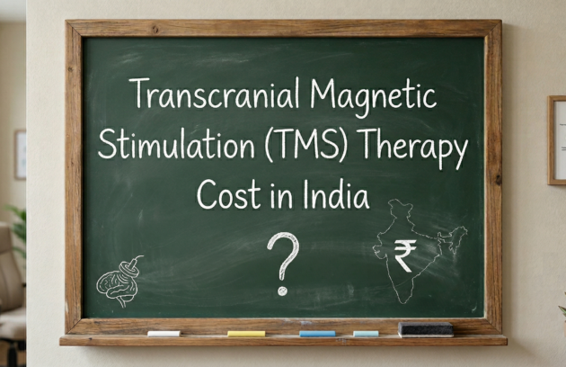 Chalkboard displaying “Transcranial Magnetic Stimulation (TMS) Therapy Cost in India” with a question mark, brain sketch, and India map with rupee symbol in a clinic setting.