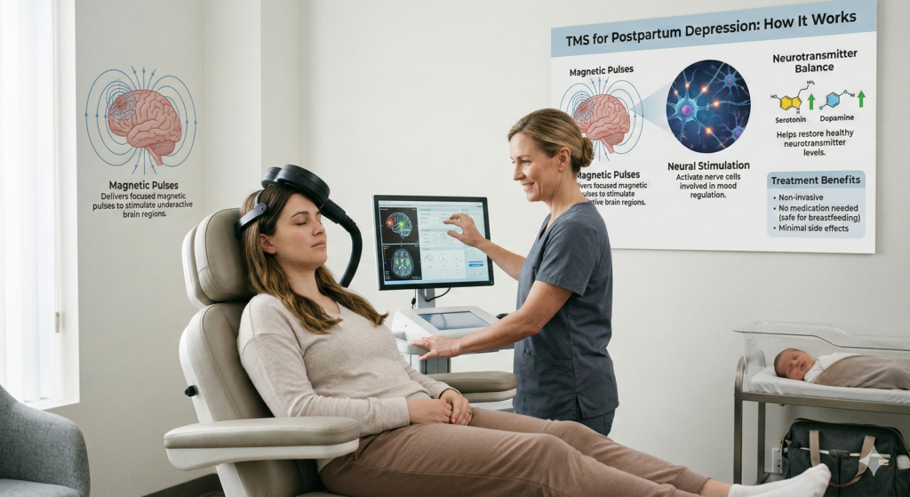 A woman doctor can be seen adjusting a medical device on a female patient's head while watching the readings on a monitor and behind her a board can be seen with TMS for postpartum depression: how it works