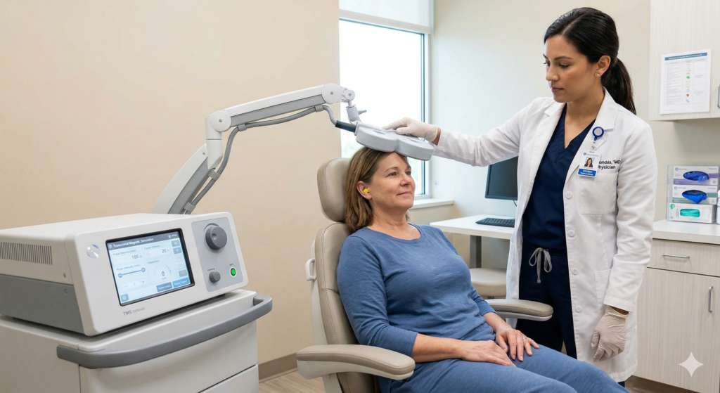 Doctor administering Transcranial Magnetic Stimulation (TMS) therapy to a seated patient using a brain stimulation device in a clinical setting.