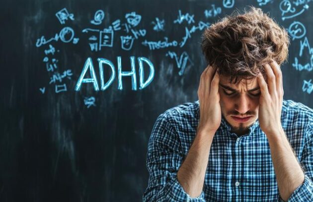 A distressed man standing against a chalkboard with ADHD written on it and holding his head