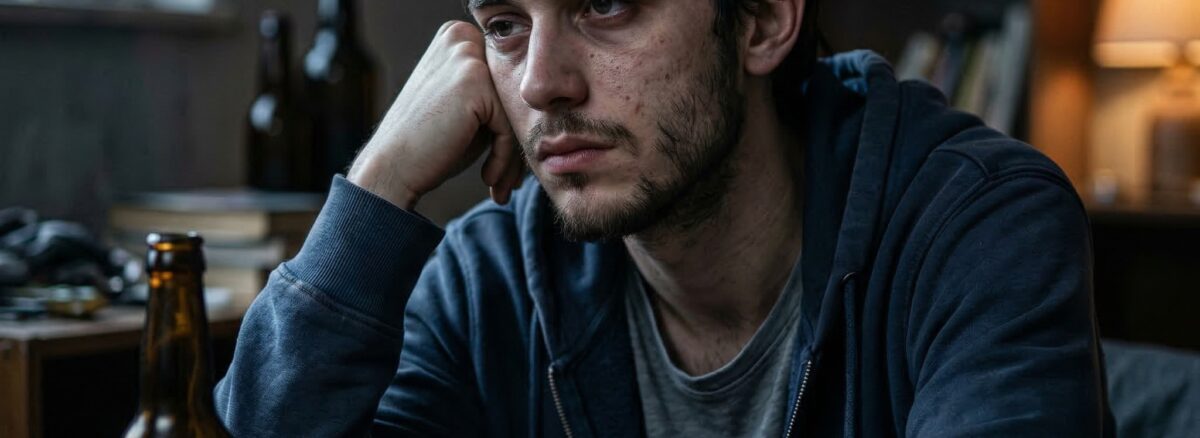 A tired-looking young man with messy hair and light stubble sits at a cluttered table, resting his head on his hand and staring blankly ahead. Empty beer bottles, a glass, and a blister pack of pills lie on the table, while a dimly lit room with shelves and a lamp forms the background, creating a somber, introspective mood.