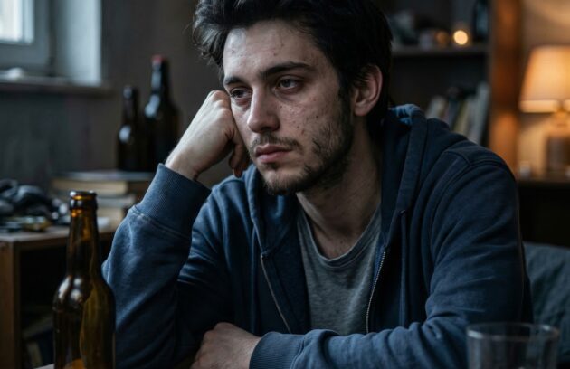 A tired-looking young man with messy hair and light stubble sits at a cluttered table, resting his head on his hand and staring blankly ahead. Empty beer bottles, a glass, and a blister pack of pills lie on the table, while a dimly lit room with shelves and a lamp forms the background, creating a somber, introspective mood.
