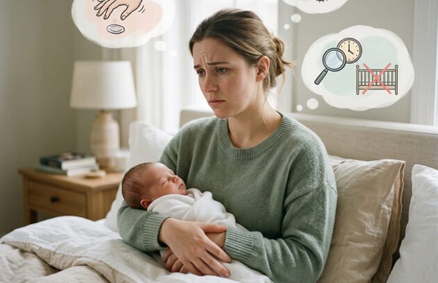 A mother is holding her baby and sitting on her bed in a cozy looking room having multiple thoughts related to germs and sanitation