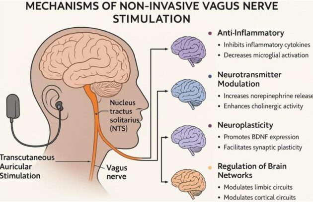 Illustrative representation of non-invasive vagus nerve stimulation and regions affected vy this treatment