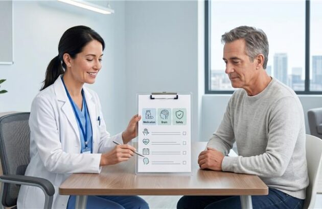 A female doctor can be seen explaining something to a man with a piece of paper in which TMS safety guidelines are written and pointing those out with her pen