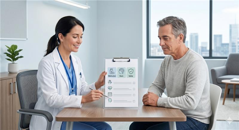 A female doctor can be seen explaining something to a man with a piece of paper in which TMS safety guidelines are written and pointing those out with her pen