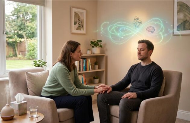 A female therapist can be seen holding the hand of a man sitting in front for her and giving him a therepeutic session and the man can be seen feeling relaxed and at ease in a cosy living room background overlooking the garden