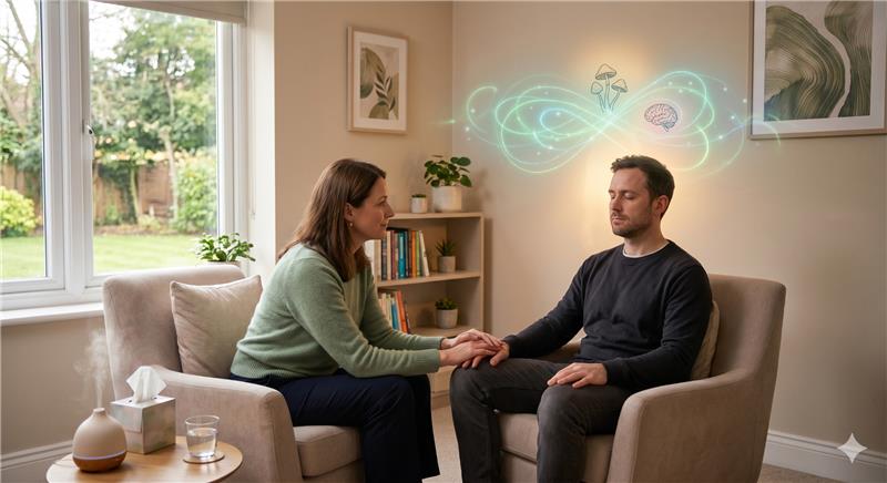 A female therapist can be seen holding the hand of a man sitting in front for her and giving him a therepeutic session and the man can be seen feeling relaxed and at ease in a cosy living room background overlooking the garden