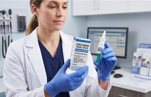 A lady doctor can be seen holding a esketamine nasal spray in her hands and checking it out in what appears to be a clinic in the background