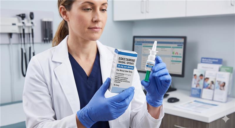 A lady doctor can be seen holding a esketamine nasal spray in her hands and checking it out in what appears to be a clinic in the background