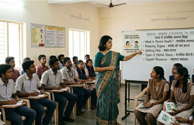 A female teacher can be seen explaining something to her students in a classroom with mental health education written on the whiteboard