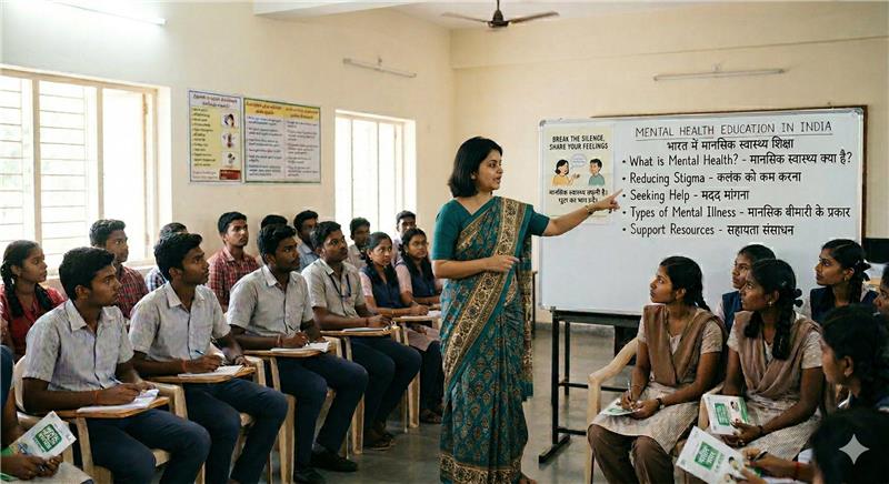 A female teacher can be seen explaining something to her students in a classroom with mental health education written on the whiteboard