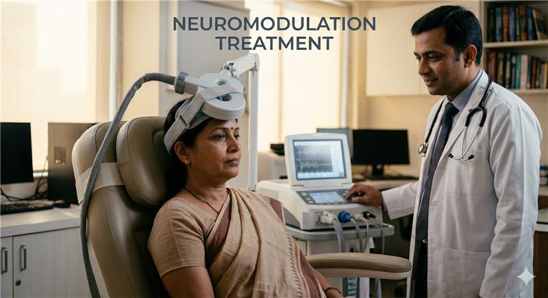 A woman going through a Neuromodulation treatment in Mind brain institute in New Delhi