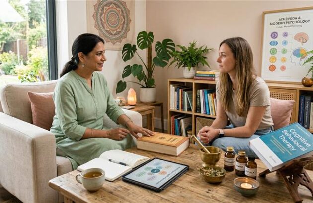 2 Women can be seen sitting and chatting over a cup of tea with some books can be seen in front of them at a table with one of those book is titled cognitive behavioural therapy