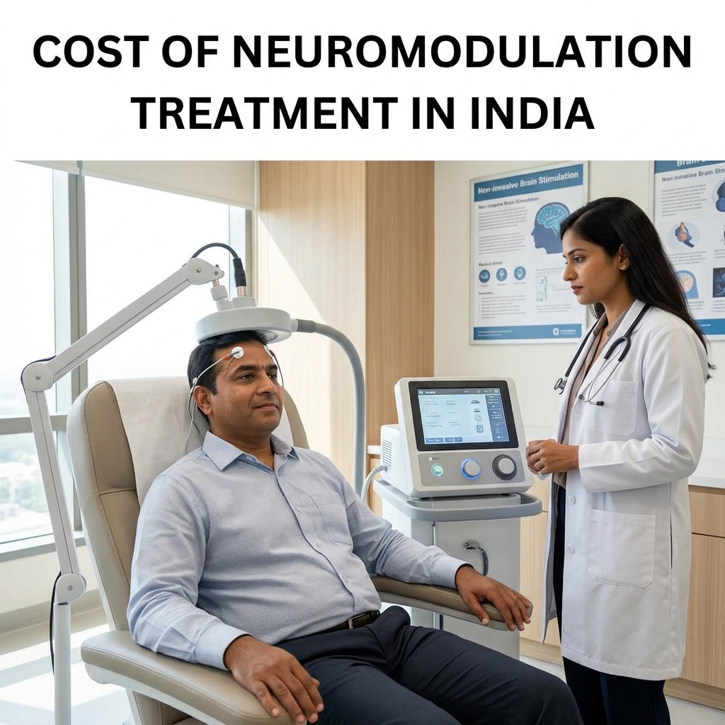 A man sitting on a chair getting neuromodulation treatment while a female doctor is standing beside him looking worried