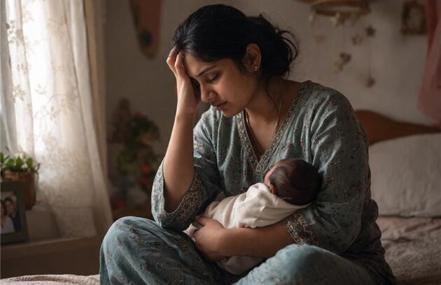 A young mother can be seen holding her baby in her lap and sitting squatted on her bed