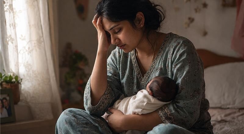 A young mother can be seen holding her baby in her lap and sitting squatted on her bed