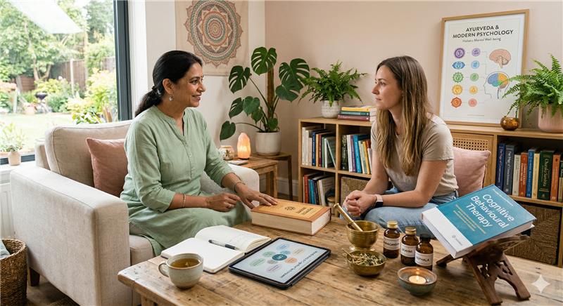 2 Women can be seen sitting and chatting over a cup of tea with some books can be seen in front of them at a table with one of those book is titled cognitive behavioural therapy